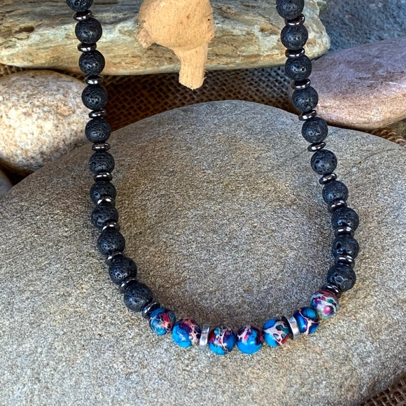 Blue Agate & Lava Stone Necklace - Picture 2 of 8